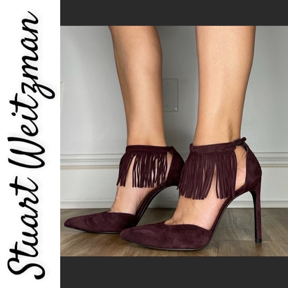 STUART WEITZMAN Fringelica Currant Suede D'Orsay Ankle Fringe Stilettos Size 7.5